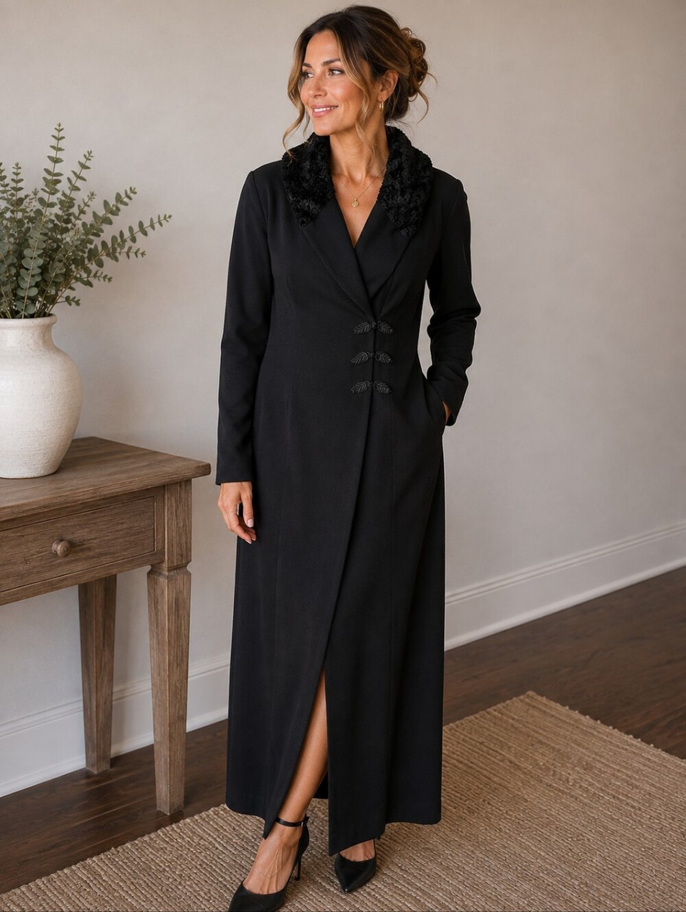 Women's Black Long Sleeve Midi Dress with Textured Collar By Expo Vtg Size 14